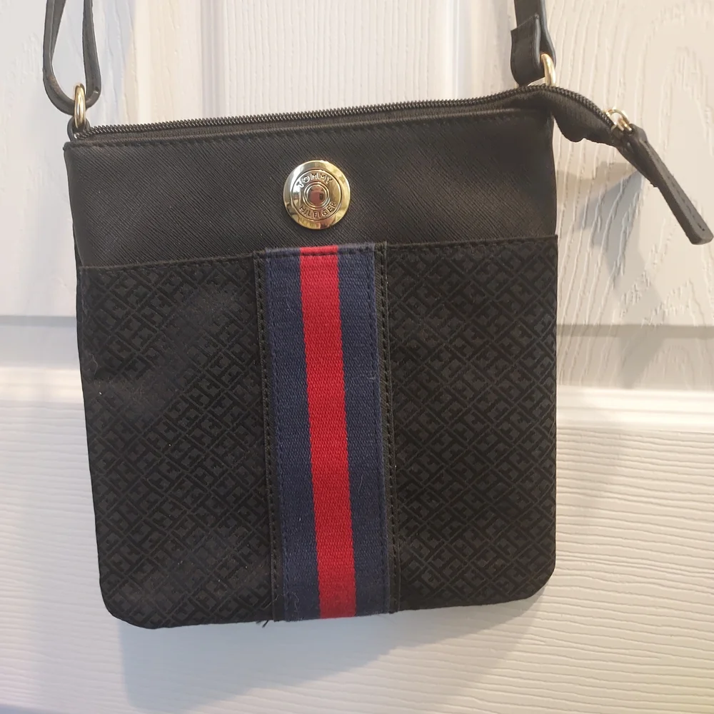 Tommy Hilfiger Black Crossbody Bag with Red and Blue Stripe